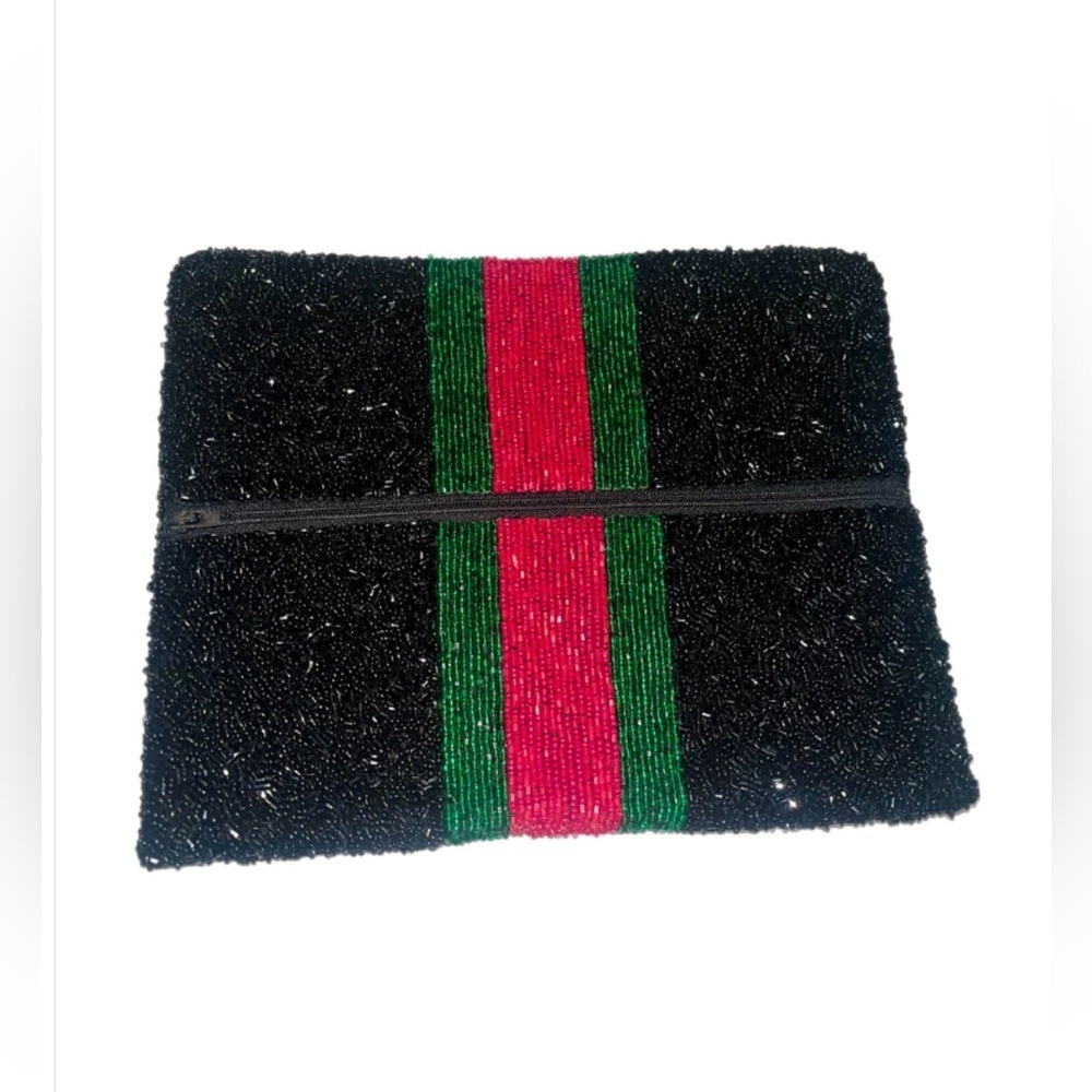 NWOT Tiana Black Beaded Clutch with Red and Green Stripe - Picture 3 of 4